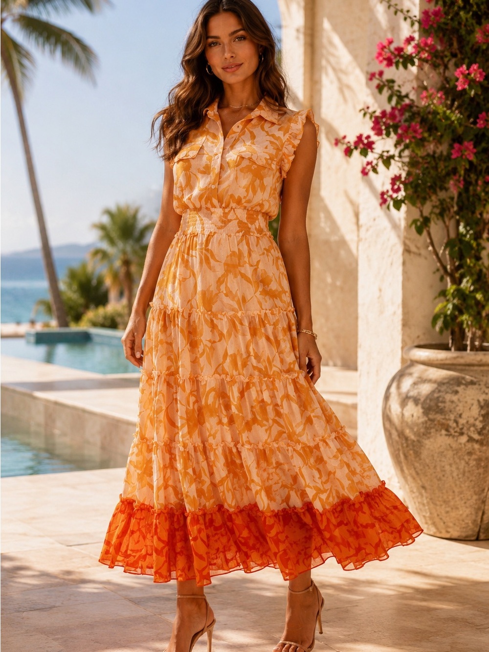 Misa Los Angeles Orange Floral Ruffle-Hem Maxi Dress